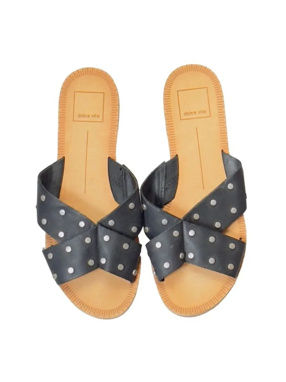 DOLCE VITA Women's Cary Black Studded Leather Cross Strap Sandals Flats Size 7M